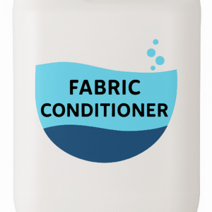 A large white plastic jerrycan with a smooth, matte surface, molded handle, and white screw cap. The front label features a clean blue wave design with the words “Fabric Conditioner” in bold black lettering, accompanied by small bubbles above, giving it a fresh and modern appearance.