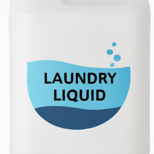 A large white plastic jerrycan with a molded handle and screw cap, featuring a circular blue logo for “Laundry Liquid.” The design shows light and dark blue wave graphics with small bubbles rising upward, creating a clean, fresh look that suggests detergent or washing products.