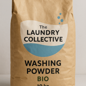 A 10 kg brown kraft paper bag of “The Laundry Collective” Washing Powder – Bio. The bag has a natural, eco-friendly paper texture with a printed blue and white circular logo featuring bubbles. The words “Washing Powder” and “Bio” appear clearly on the front, with “Bio” in green text, photographed on a soft grey studio background.
