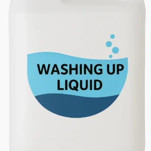 A large white plastic jerrycan with a built-in handle and screw cap, featuring a blue wave-style label that reads “Washing Up Liquid” in bold black letters. The minimalist design includes light and dark blue tones with small rising bubbles, giving it a clean, modern, and eco-friendly appearance.